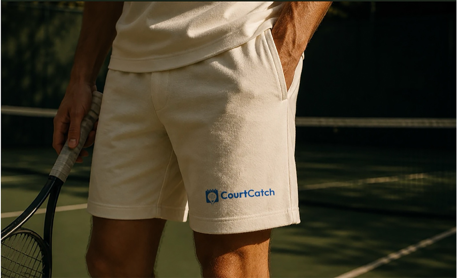 Tennisspeler in een crèmekleurige CourtCatch-short met een racket